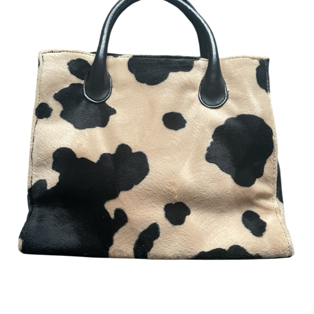 EUC Faux Fur Cow Animal Print Black and Tan Shoulder Tote Bag - Picture 4 of 8
